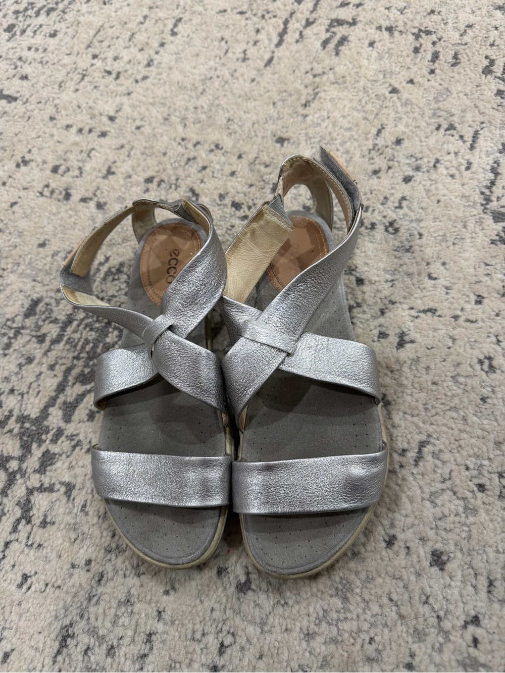Ecco Metallic Silver Leather Cross-Strap Sandals